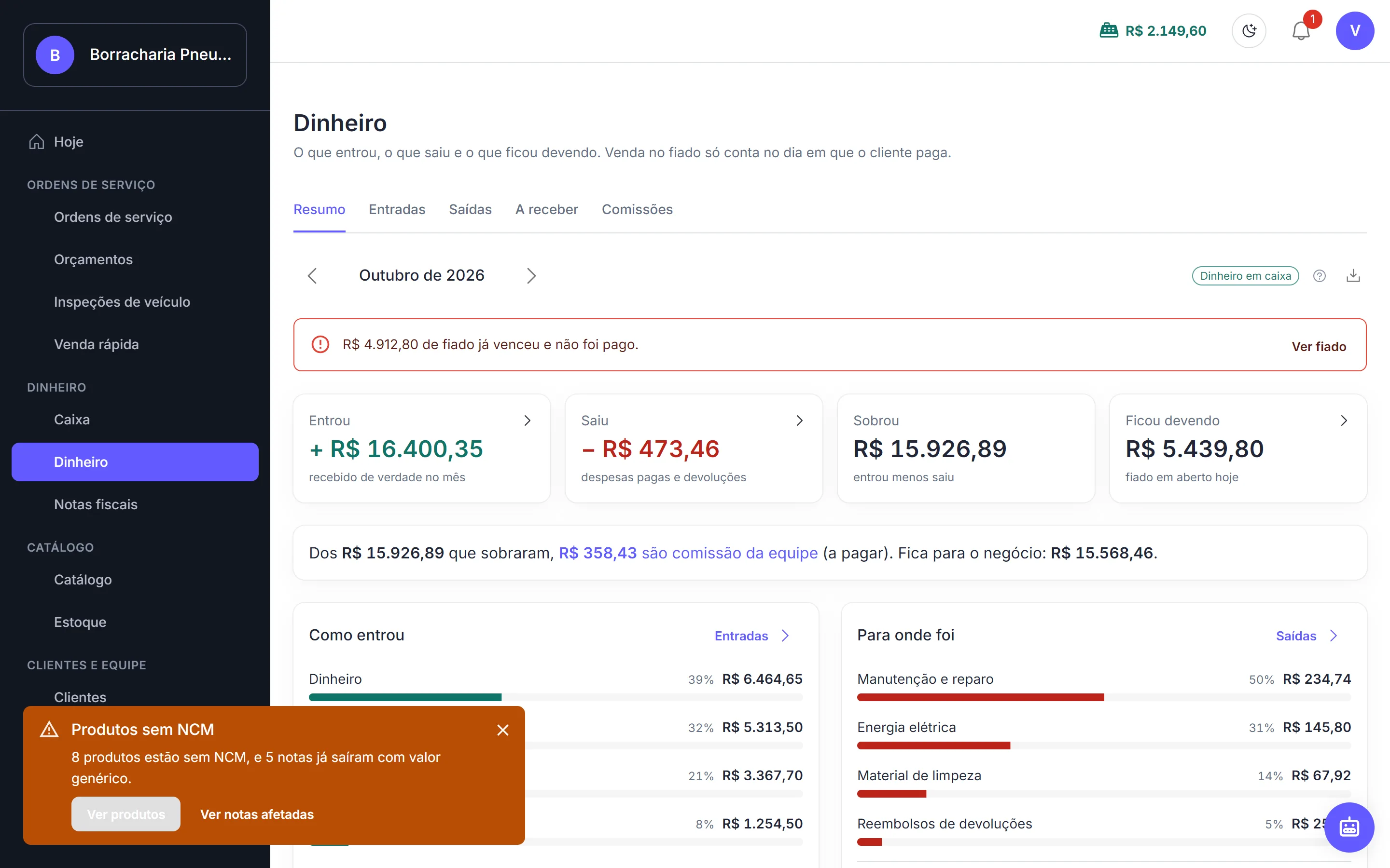 Resumo do Dinheiro mostrando quanto entrou, quanto saiu e quanto sobrou no período