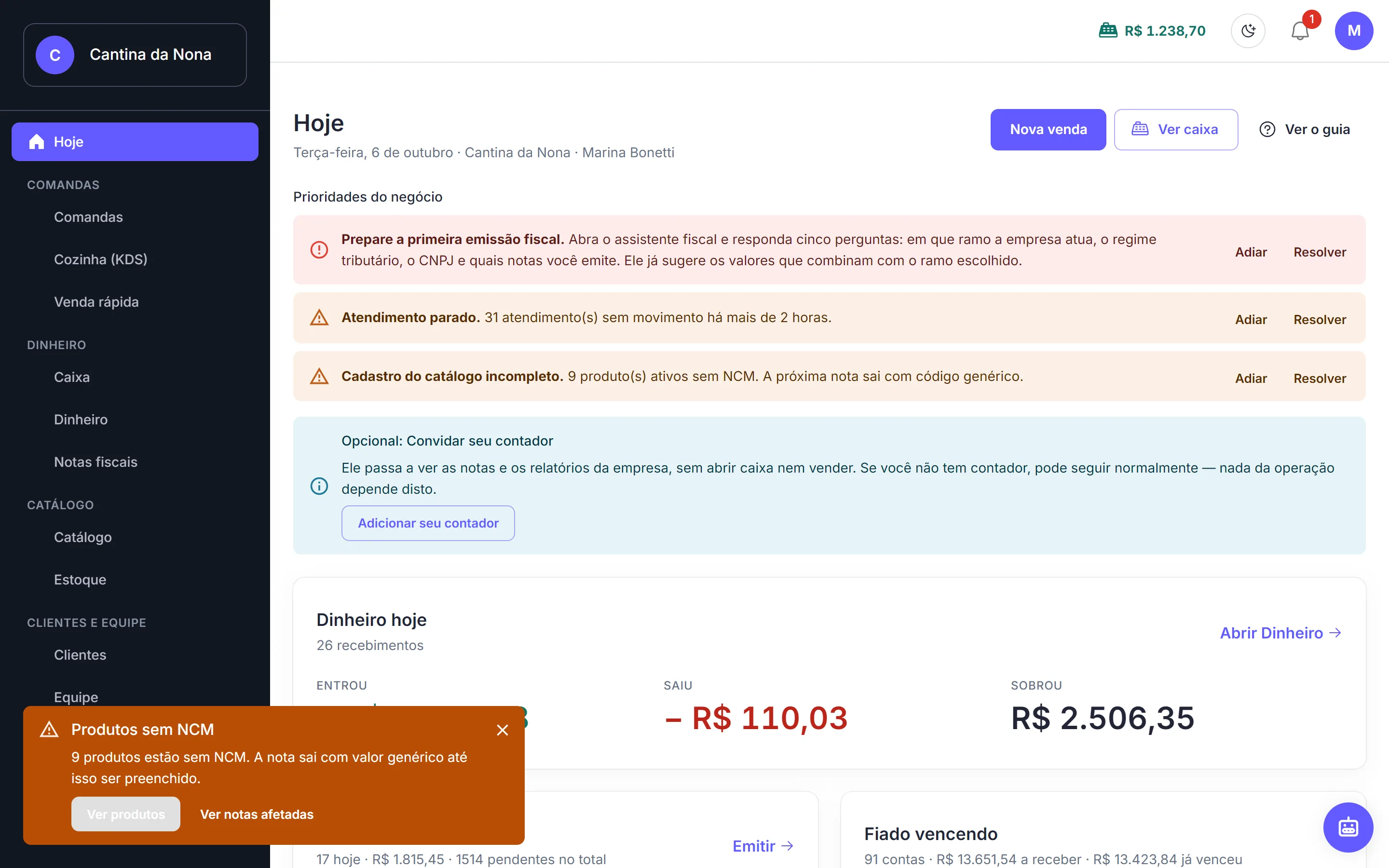 A mesma tela inicial, montada para o restaurante